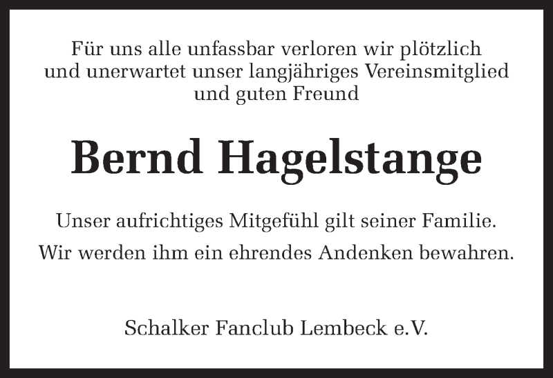  Traueranzeige für Bernd Hagelstange vom 31.10.2018 aus Ruhr Nachrichten und Dorstener Zeitung