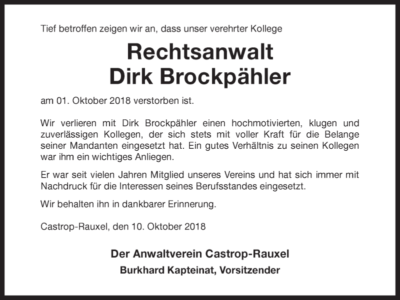  Traueranzeige für Dirk Brockpähler vom 10.10.2018 aus Ruhr Nachrichten
