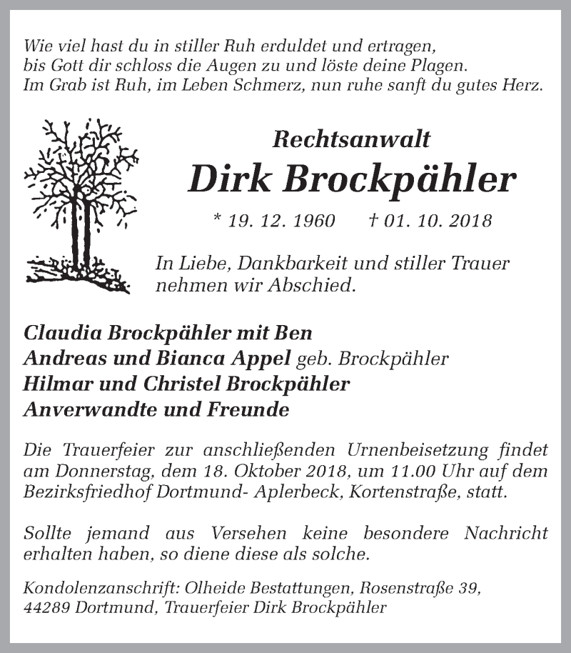  Traueranzeige für Dirk Brockpähler vom 12.10.2018 aus Ruhr Nachrichten
