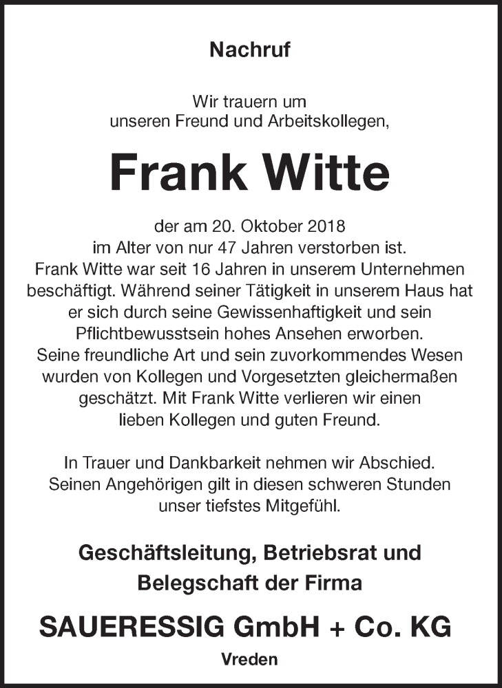  Traueranzeige für Frank Witte vom 25.10.2018 aus Münstersche Zeitung und Münsterland Zeitung