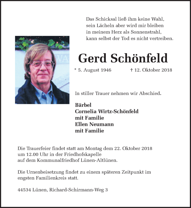  Traueranzeige für Gerd Schönfeld vom 17.10.2018 aus Ruhr Nachrichten