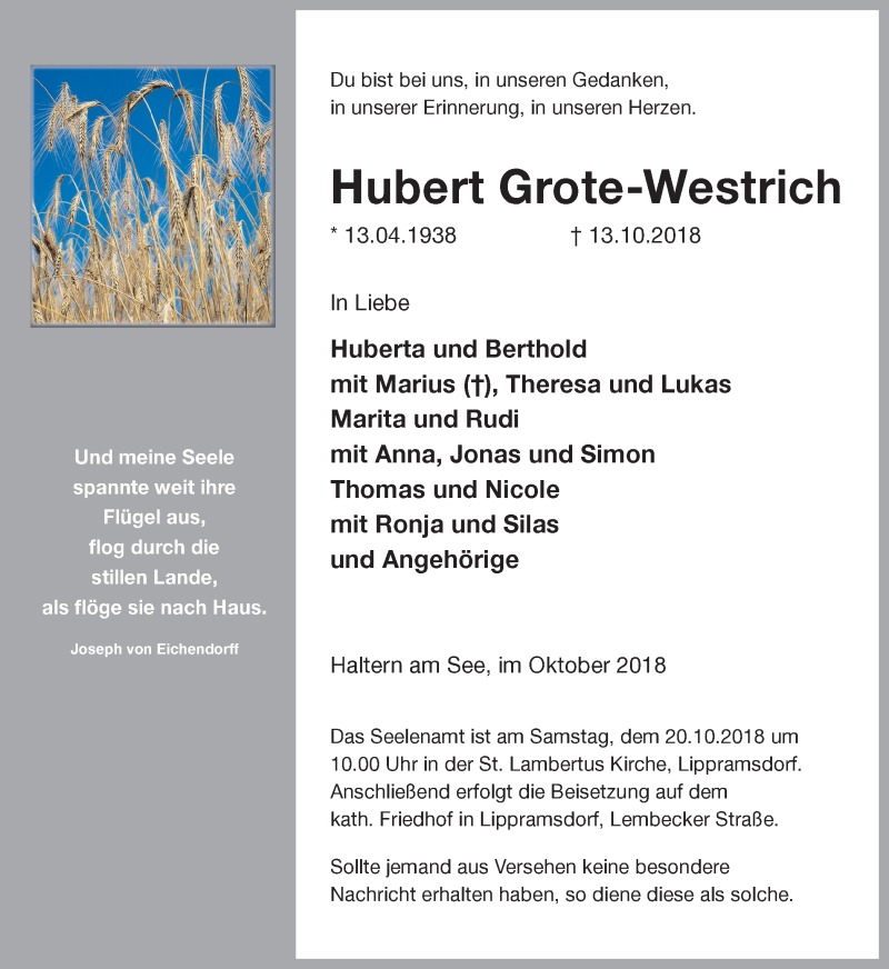  Traueranzeige für Hubert Grote-Westrich vom 17.10.2018 aus Ruhr Nachrichten und Halterner Zeitung