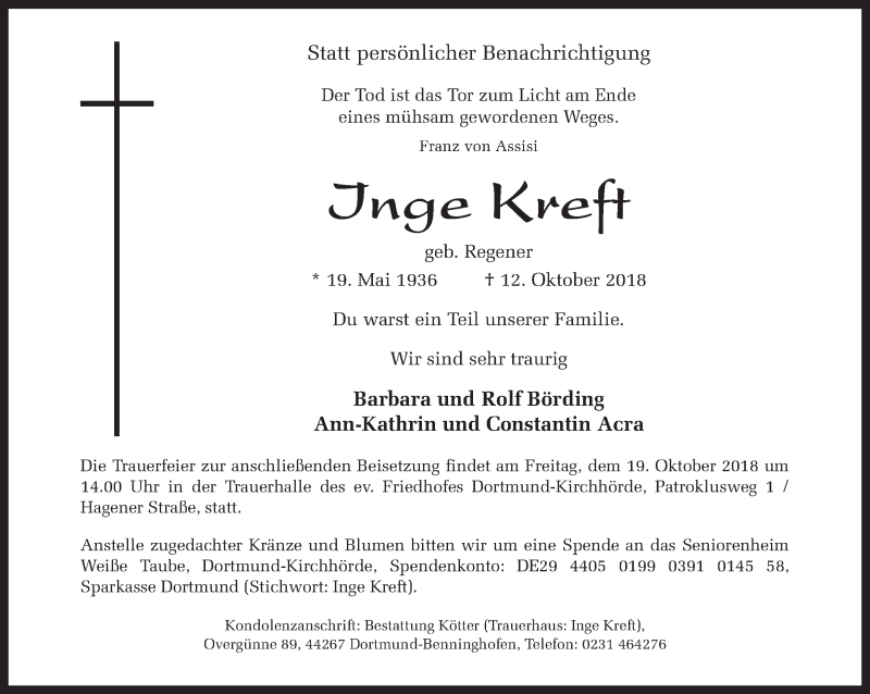 Traueranzeige für Inge Kreft vom 16.10.2018 aus Ruhr Nachrichten