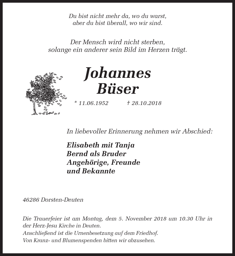  Traueranzeige für Johannes Büser vom 31.10.2018 aus Ruhr Nachrichten und Dorstener Zeitung