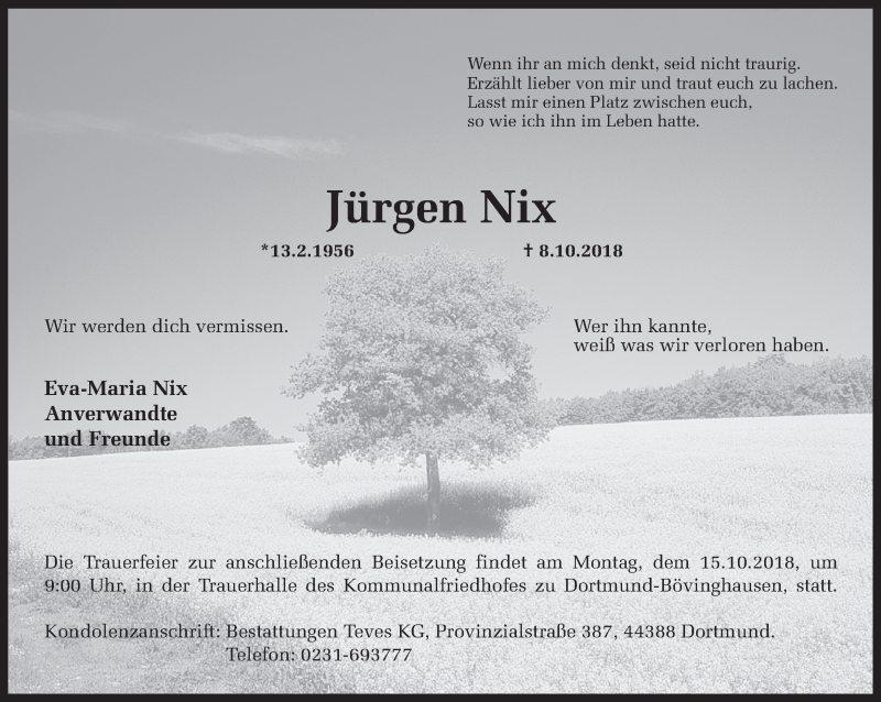  Traueranzeige für Jürgen Nix vom 10.10.2018 aus Ruhr Nachrichten
