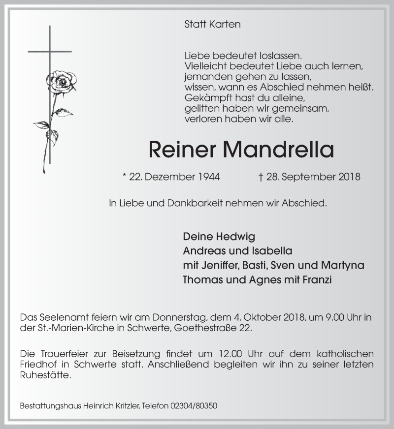 Traueranzeige für Reiner Mandrella vom 02.10.2018 aus Ruhr Nachrichten