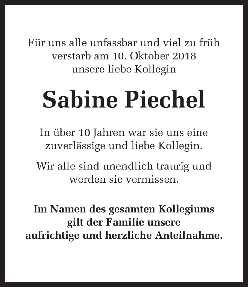  Traueranzeige für Sabine Piechel vom 19.10.2018 aus Ruhr Nachrichten
