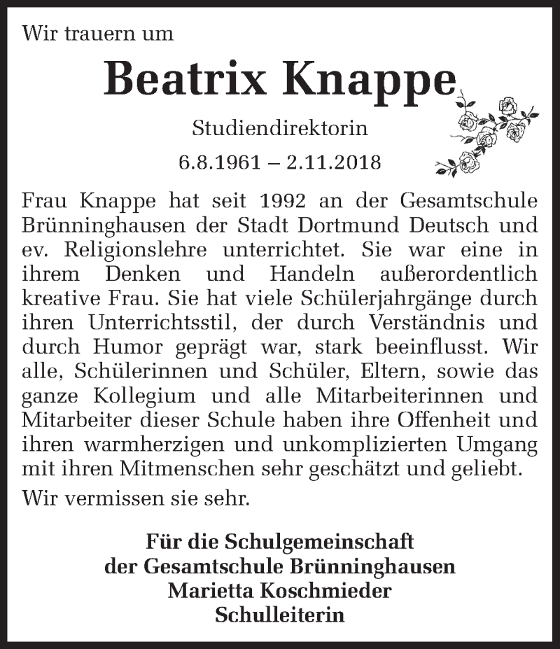 Traueranzeige für Beatrix Knappe vom 14.11.2018 aus Ruhr Nachrichten