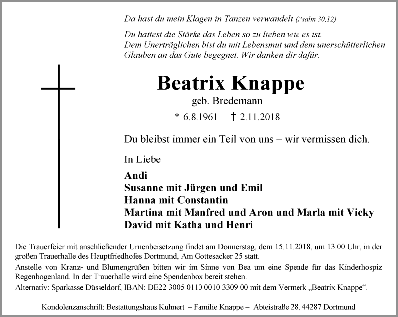  Traueranzeige für Beatrix Knappe vom 10.11.2018 aus Ruhr Nachrichten