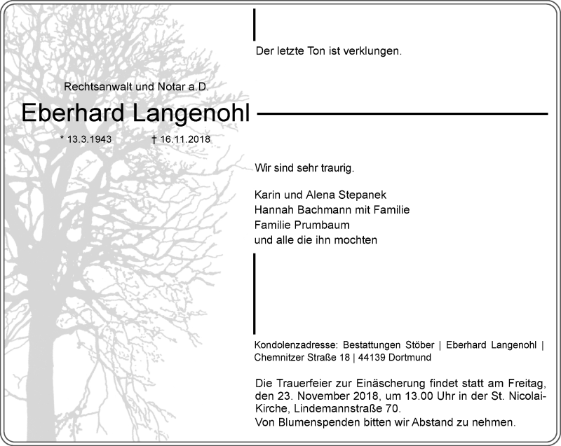  Traueranzeige für Eberhard Langenohl vom 21.11.2018 aus Ruhr Nachrichten