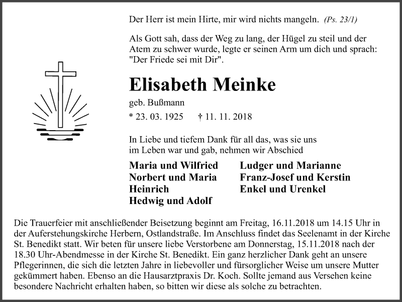  Traueranzeige für Elisabeth Meinke vom 13.11.2018 aus Ruhr Nachrichten