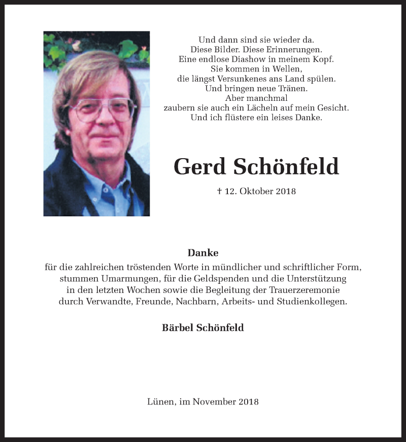  Traueranzeige für Gerd Schönfeld vom 17.11.2018 aus Ruhr Nachrichten