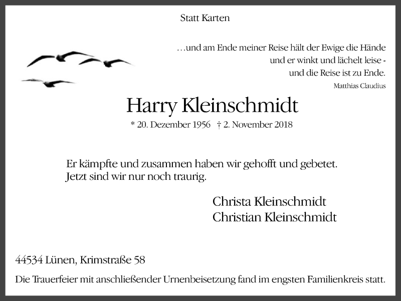  Traueranzeige für Harry Kleinschmidt vom 10.11.2018 aus Ruhr Nachrichten