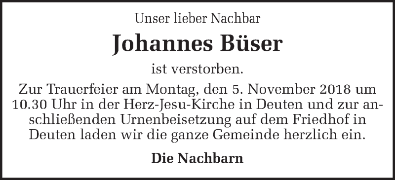  Traueranzeige für Johannes Büser vom 01.11.2018 aus Ruhr Nachrichten und Dorstener Zeitung