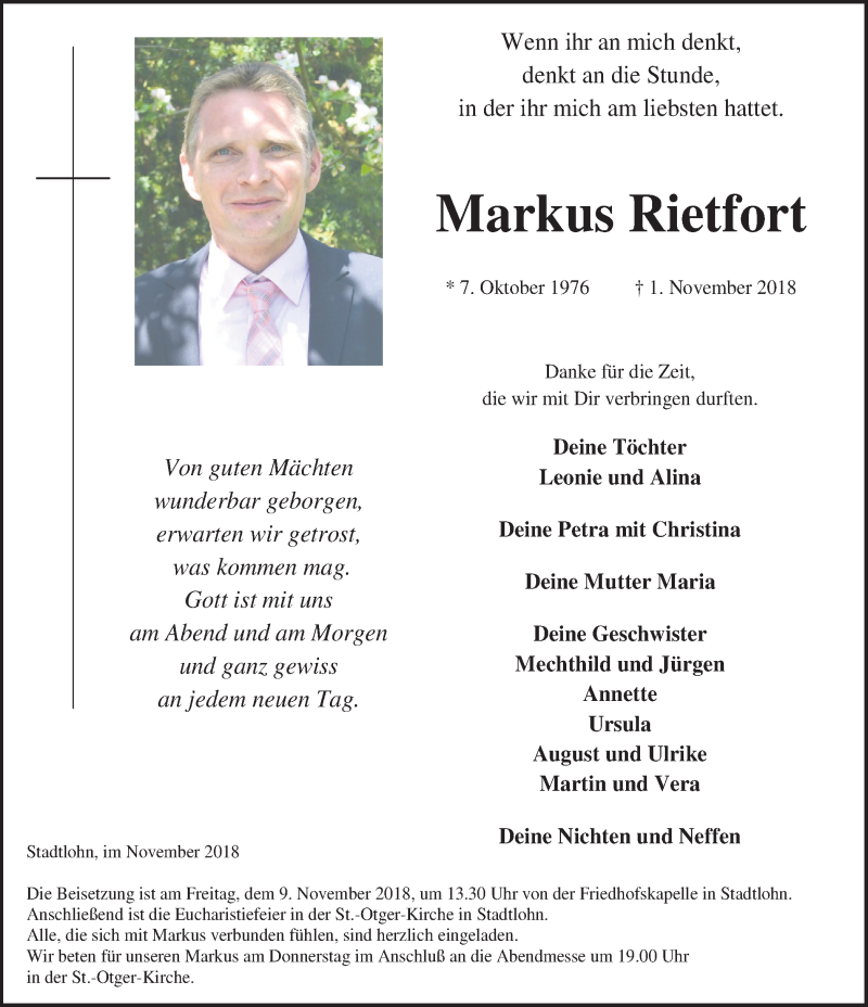  Traueranzeige für Markus Rietfort vom 06.11.2018 aus Münstersche Zeitung und Münsterland Zeitung