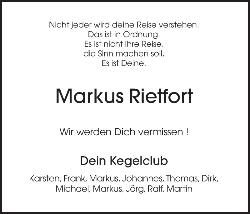  Traueranzeige für Markus Rietfort vom 07.11.2018 aus Münstersche Zeitung und Münsterland Zeitung