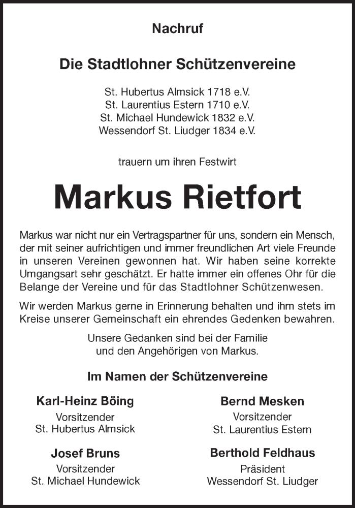  Traueranzeige für Markus Rietfort vom 09.11.2018 aus Münstersche Zeitung und Münsterland Zeitung
