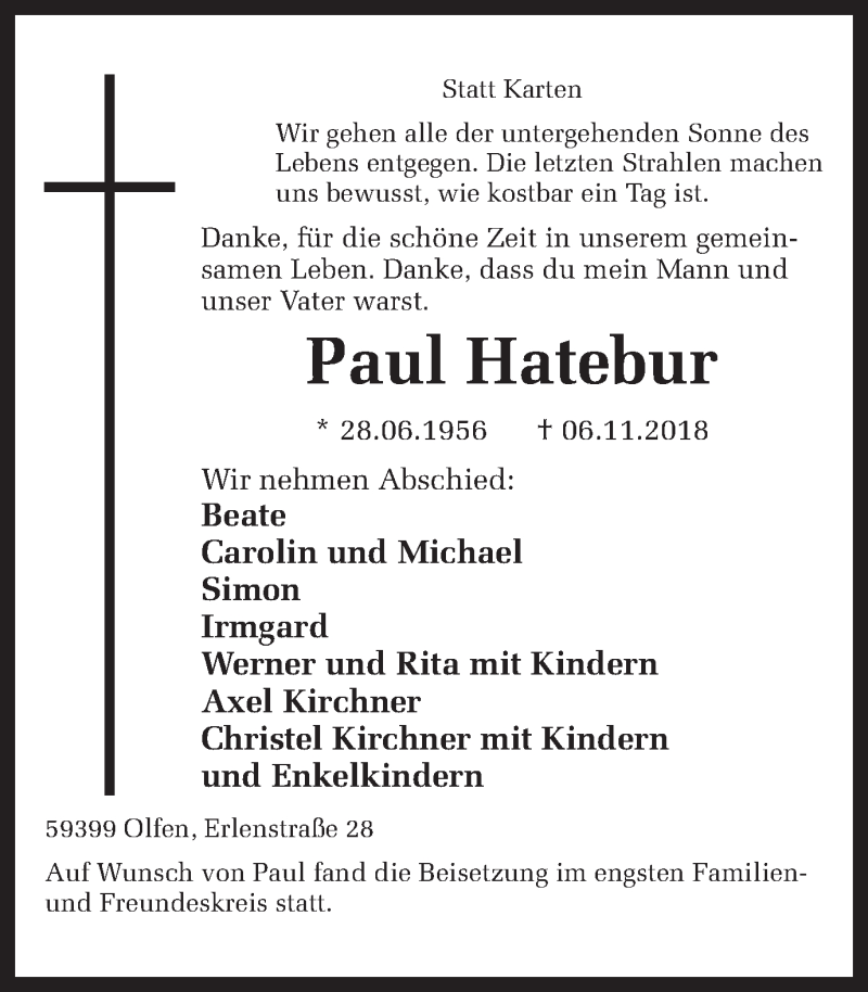  Traueranzeige für Paul Hatebur vom 12.11.2018 aus Ruhr Nachrichten