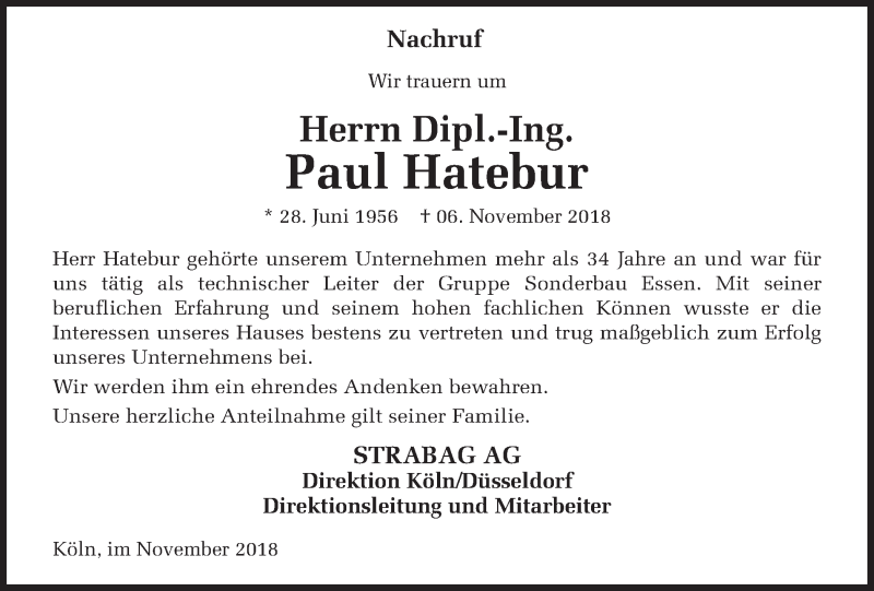  Traueranzeige für Paul Hatebur vom 14.11.2018 aus Ruhr Nachrichten