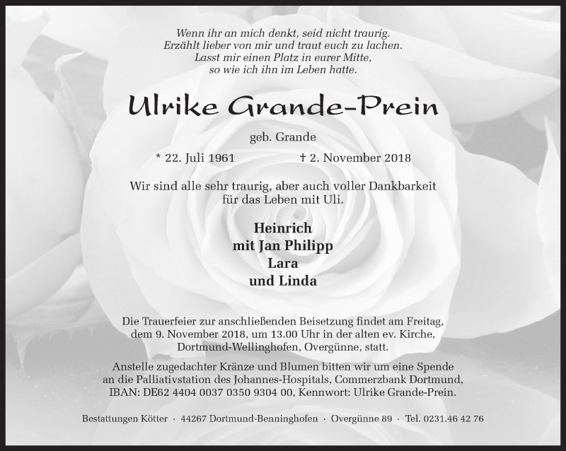  Traueranzeige für Ulrike Grande-Prein vom 07.11.2018 aus Ruhr Nachrichten