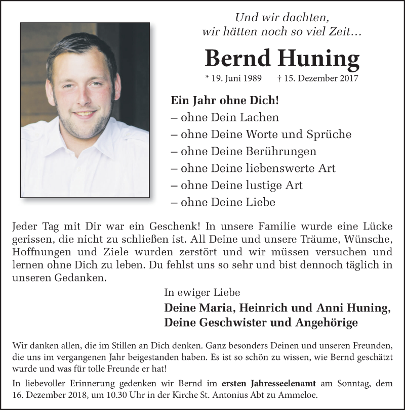  Traueranzeige für Bernd Huning vom 12.12.2018 aus Münstersche Zeitung und Münsterland Zeitung