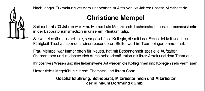  Traueranzeige für Christiane Mempel vom 08.12.2018 aus Ruhr Nachrichten
