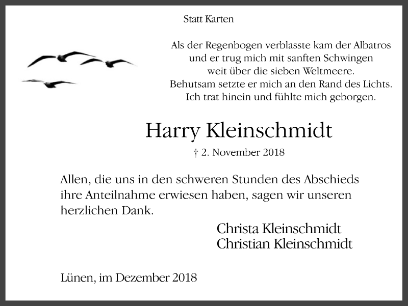  Traueranzeige für Harry Kleinschmidt vom 01.12.2018 aus Ruhr Nachrichten