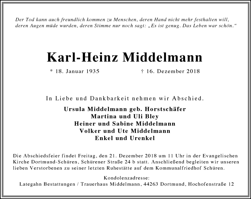  Traueranzeige für Karl-Heinz Middelmann vom 19.12.2018 aus Ruhr Nachrichten