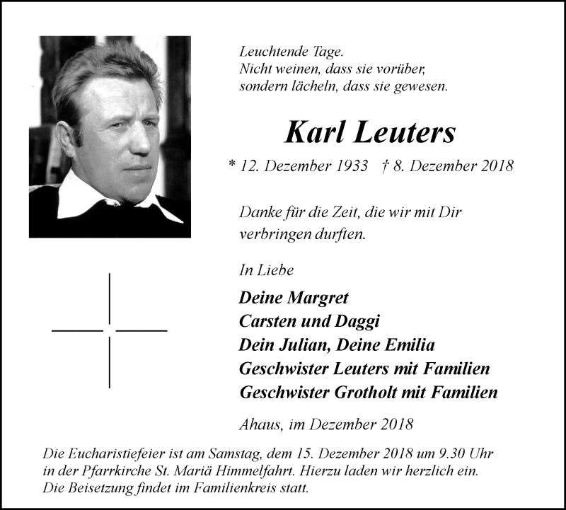  Traueranzeige für Karl Leuters vom 11.12.2018 aus Münstersche Zeitung und Münsterland Zeitung