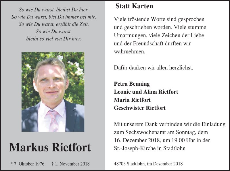  Traueranzeige für Markus Rietfort vom 12.12.2018 aus Münstersche Zeitung und Münsterland Zeitung