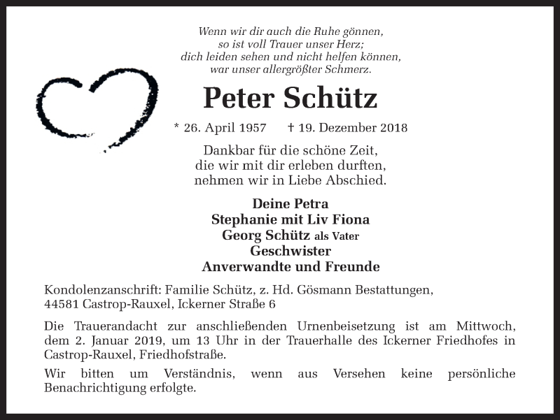  Traueranzeige für Peter Schütz vom 22.12.2018 aus Ruhr Nachrichten