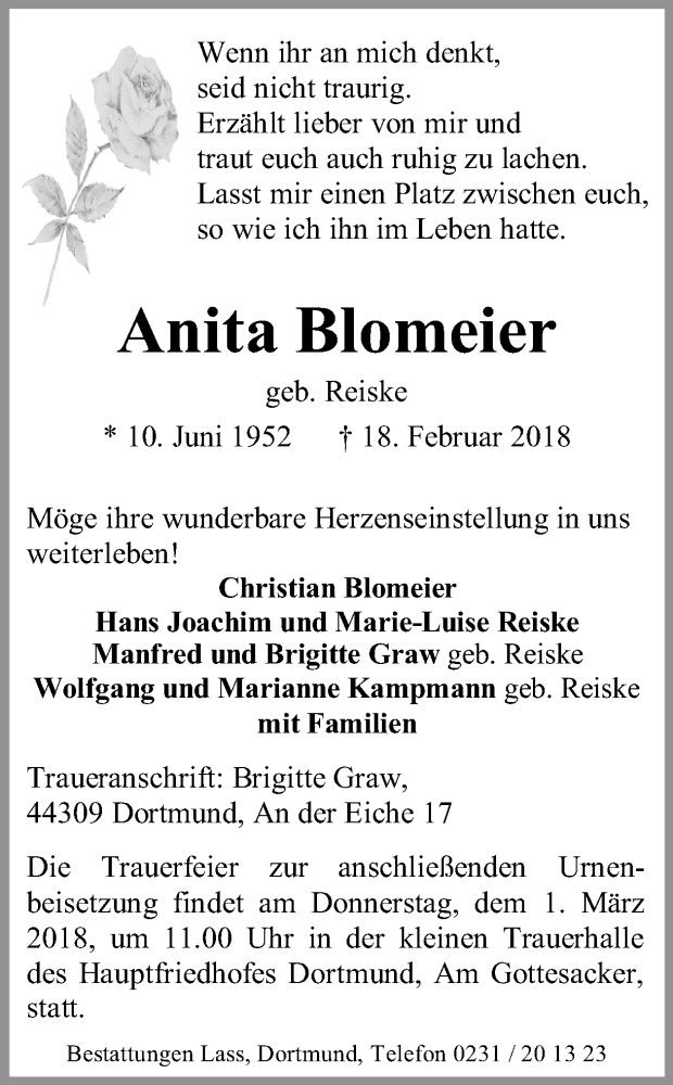  Traueranzeige für Anita Blomeier vom 24.02.2018 aus Ruhr Nachrichten