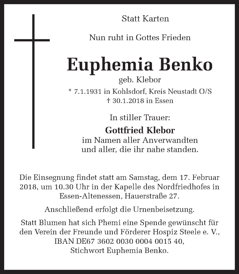  Traueranzeige für Euphemia Benko vom 10.02.2018 aus Ruhr Nachrichten
