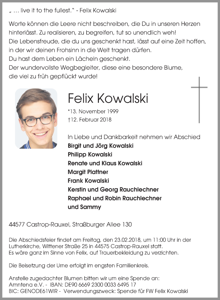  Traueranzeige für Felix Kowalski vom 20.02.2018 aus Ruhr Nachrichten