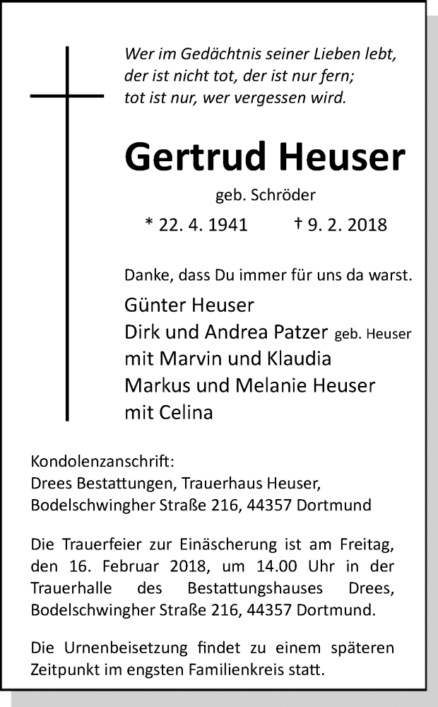  Traueranzeige für Gertrud Heuser vom 10.02.2018 aus Ruhr Nachrichten