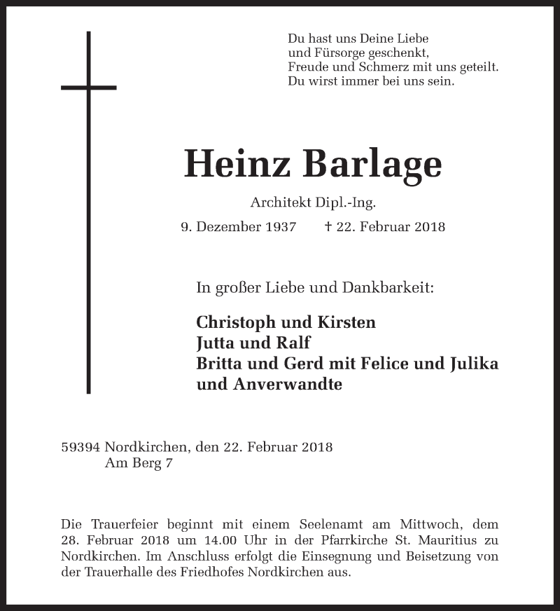  Traueranzeige für Heinz Barlage vom 26.02.2018 aus Ruhr Nachrichten