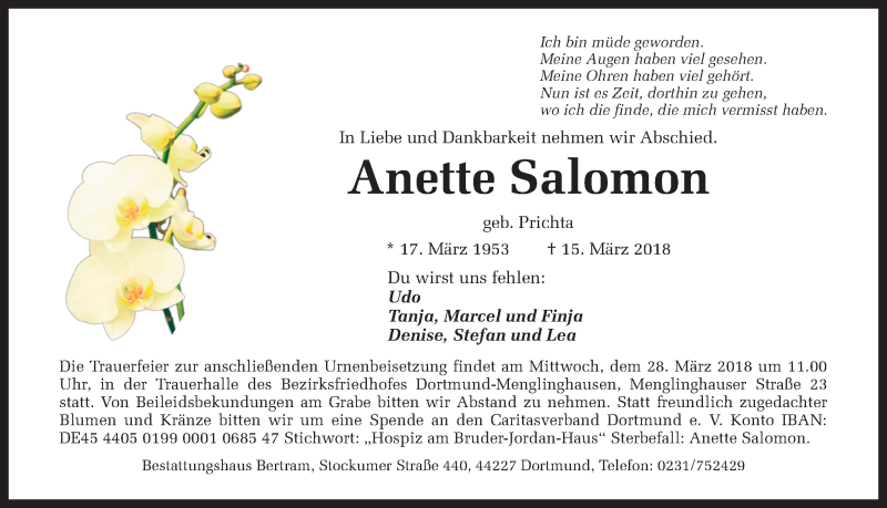  Traueranzeige für Anette Salomon vom 24.03.2018 aus Ruhr Nachrichten
