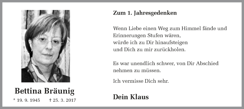  Traueranzeige für Bettina Bräunig vom 24.03.2018 aus Ruhr Nachrichten