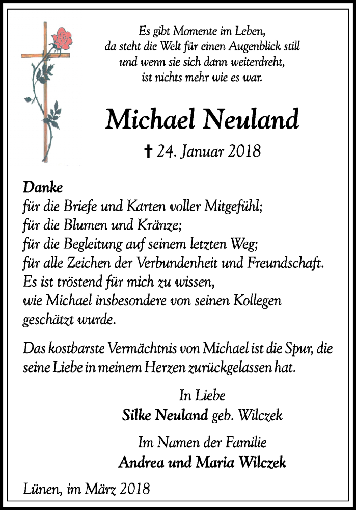  Traueranzeige für Michael Neuland vom 03.03.2018 aus Ruhr Nachrichten