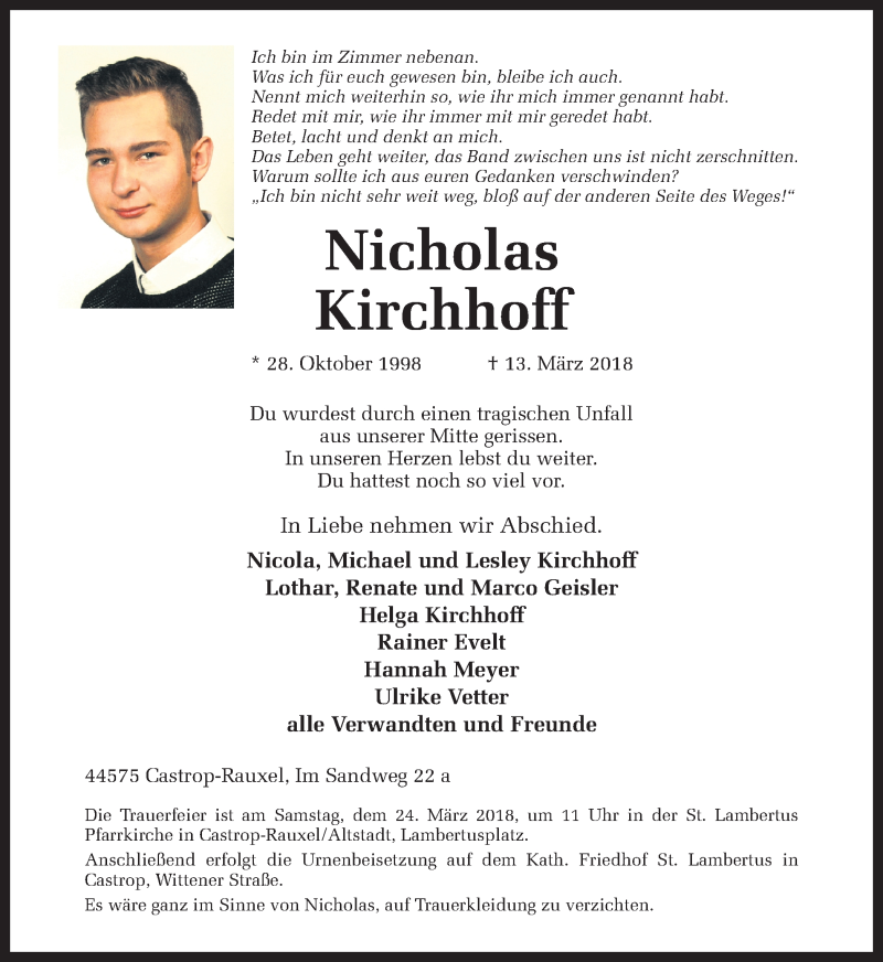  Traueranzeige für Nicholas Kirchhoff vom 21.03.2018 aus Ruhr Nachrichten