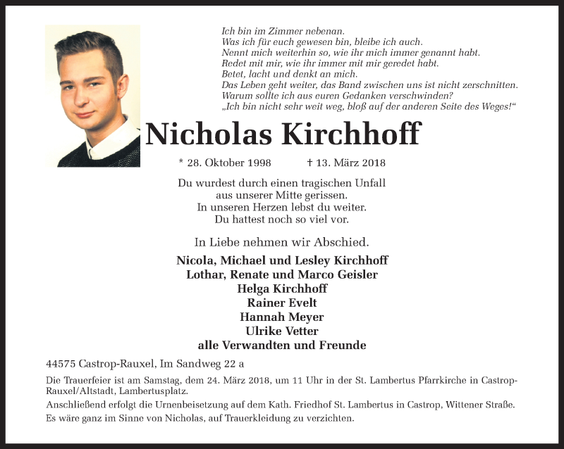  Traueranzeige für Nicholas Kirchhoff vom 21.03.2018 aus Ruhr Nachrichten