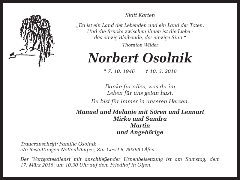  Traueranzeige für Norbert Osolnik vom 13.03.2018 aus Ruhr Nachrichten