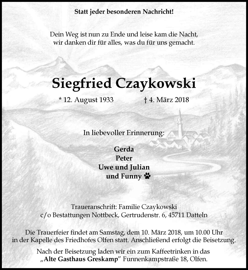  Traueranzeige für Siegfried Czaykowski vom 08.03.2018 aus Ruhr Nachrichten