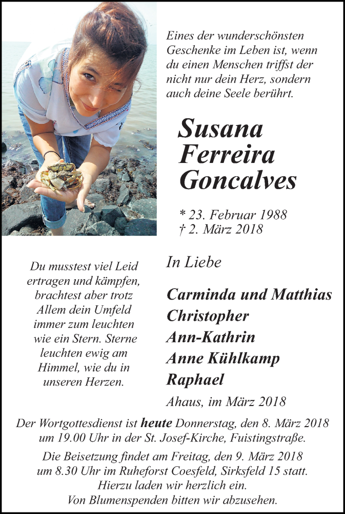  Traueranzeige für Susana Ferreira Goncalves vom 08.03.2018 aus Münstersche Zeitung und Münsterland Zeitung
