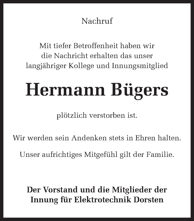  Traueranzeige für Hermann Bügers vom 26.04.2018 aus Ruhr Nachrichten und Dorstener Zeitung
