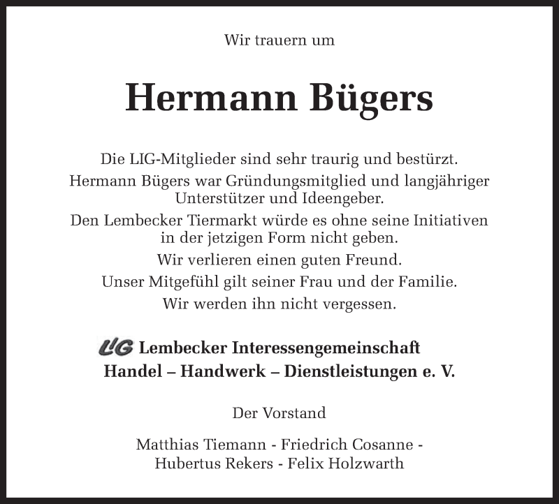  Traueranzeige für Hermann Bügers vom 28.04.2018 aus Ruhr Nachrichten und Dorstener Zeitung