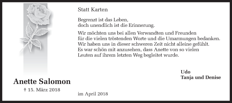  Traueranzeige für Anette Salomon vom 14.04.2018 aus Ruhr Nachrichten