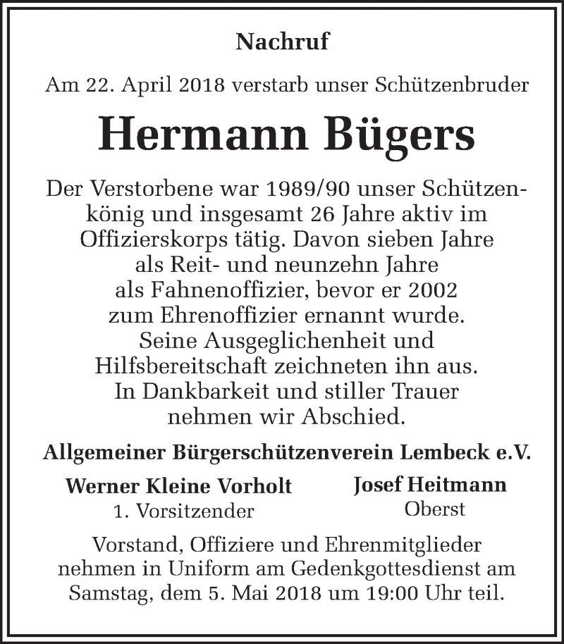  Traueranzeige für Hermann Bügers vom 28.04.2018 aus Ruhr Nachrichten und Dorstener Zeitung