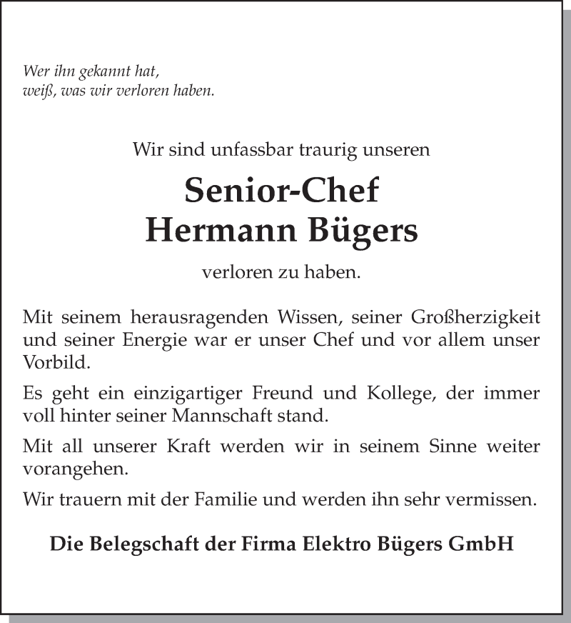  Traueranzeige für Hermann Bügers vom 25.04.2018 aus Ruhr Nachrichten und Dorstener Zeitung