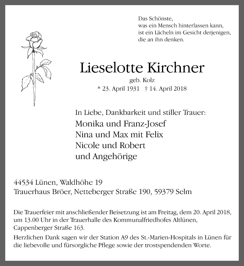  Traueranzeige für Lieselotte Kirchner vom 17.04.2018 aus Ruhr Nachrichten